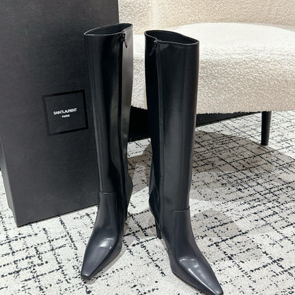 YSL 25S PLATFORM KNEE-HIGH BOOTS 70 MM IN BLACK LAMBSKIN
