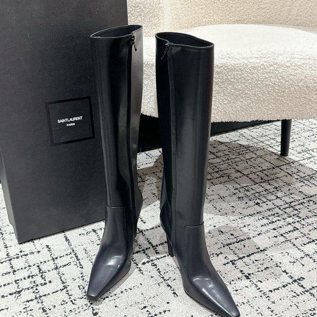 YSL 25S PLATFORM KNEE-HIGH BOOTS 70 MM IN BLACK LAMBSKIN
