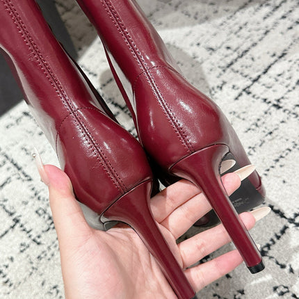 YSL 25S PLATFORM KNEE-HIGH BOOTS 70 MM IN WINE RED LAMBSKIN