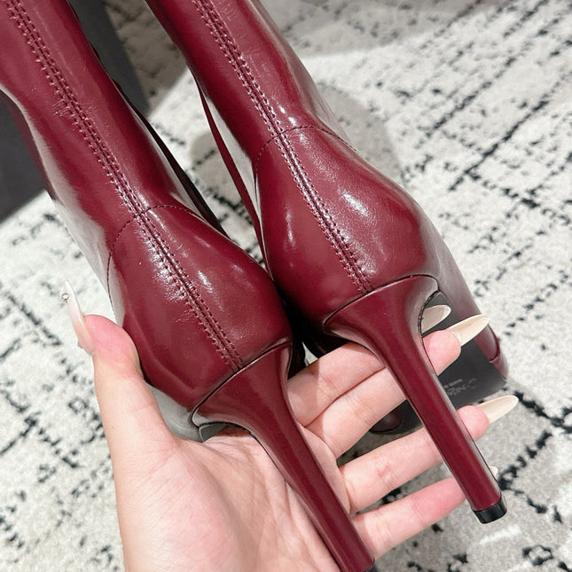 YSL 25S PLATFORM KNEE-HIGH BOOTS 70 MM IN WINE RED LAMBSKIN