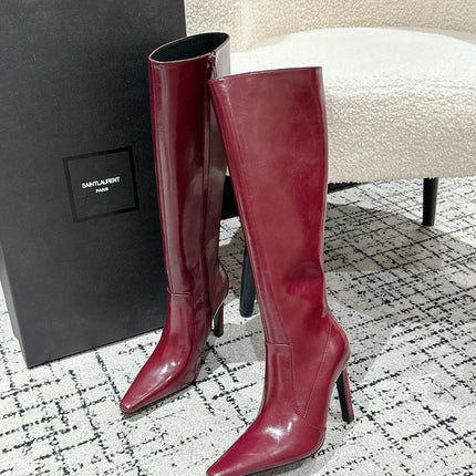 YSL 25S PLATFORM KNEE-HIGH BOOTS 70 MM IN WINE RED LAMBSKIN