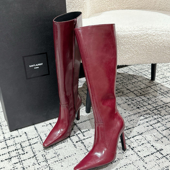 YSL 25S PLATFORM KNEE-HIGH BOOTS 70 MM IN WINE RED LAMBSKIN