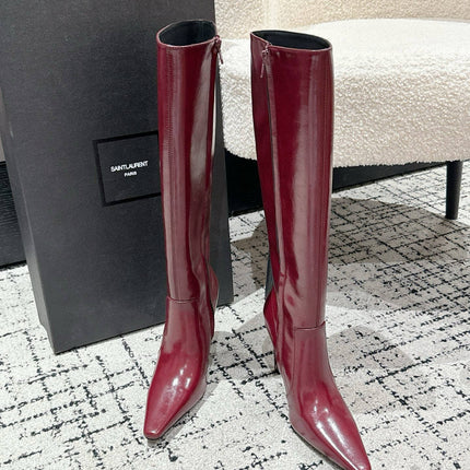 YSL 25S PLATFORM KNEE-HIGH BOOTS 70 MM IN WINE RED LAMBSKIN