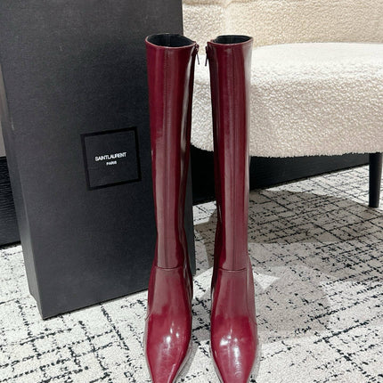 YSL 25S PLATFORM KNEE-HIGH BOOTS 70 MM IN WINE RED LAMBSKIN