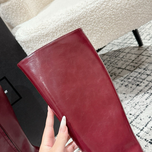 YSL 25S PLATFORM KNEE-HIGH BOOTS 70 MM IN WINE RED LAMBSKIN
