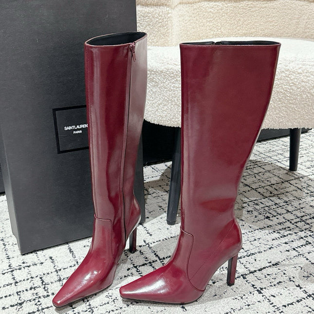 YSL 25S PLATFORM KNEE-HIGH BOOTS 70 MM IN WINE RED LAMBSKIN