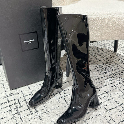 YSL 25S PLATFORM KNEE-HIGH BOOTS 70 MM IN BLACK GLOSSY LAMBSKIN
