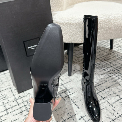 YSL 25S PLATFORM KNEE-HIGH BOOTS 70 MM IN BLACK GLOSSY LAMBSKIN