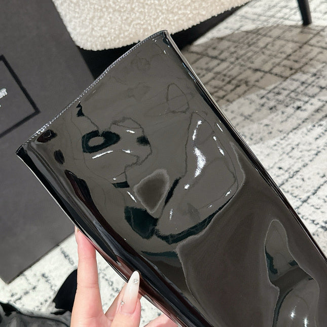 YSL 25S PLATFORM KNEE-HIGH BOOTS 70 MM IN BLACK GLOSSY LAMBSKIN