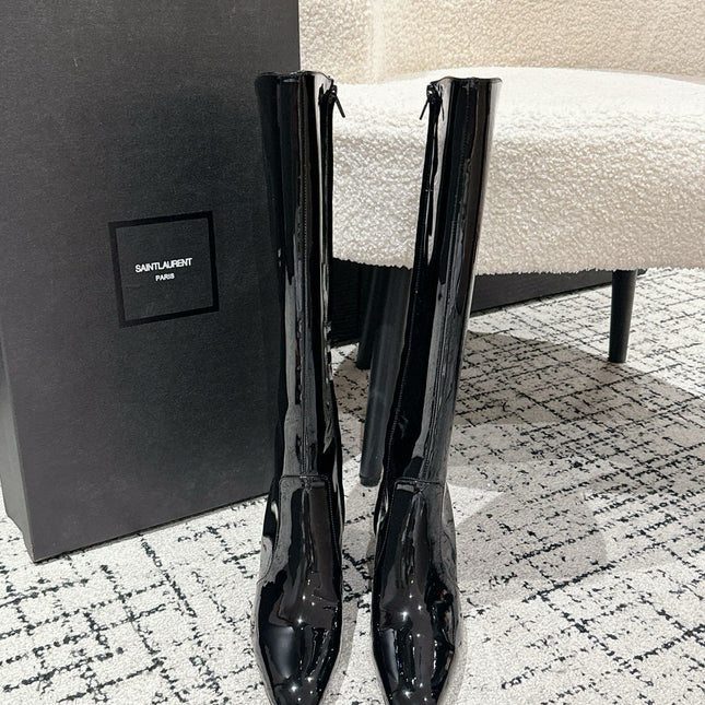 YSL 25S PLATFORM KNEE-HIGH BOOTS 70 MM IN BLACK GLOSSY LAMBSKIN