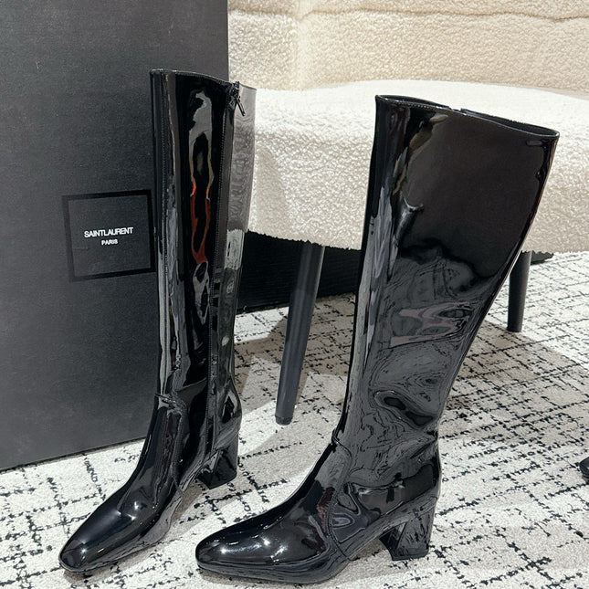 YSL 25S PLATFORM KNEE-HIGH BOOTS 70 MM IN BLACK GLOSSY LAMBSKIN