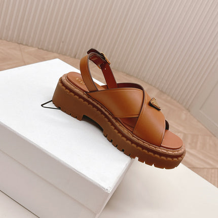 PRADA 25S SANDALS IN LIGHT TAN CALFSKIN LOGO GOLD HARDWARE