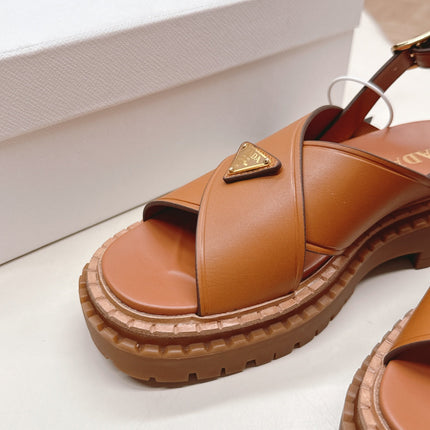 PRADA 25S SANDALS IN LIGHT TAN CALFSKIN LOGO GOLD HARDWARE