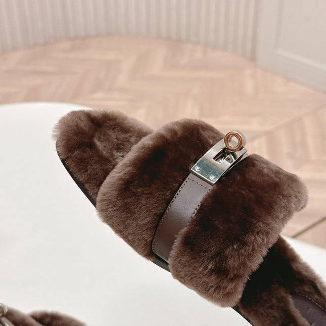 HM 25S ORAN SANDAL IN DARK BROWN SHEARLING WITH SILVER HARDWARE