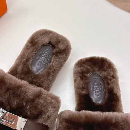 HM 25S ORAN SANDAL IN DARK BROWN SHEARLING WITH SILVER HARDWARE