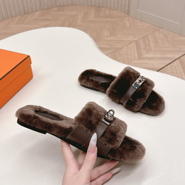 HM 25S ORAN SANDAL IN DARK BROWN SHEARLING WITH SILVER HARDWARE