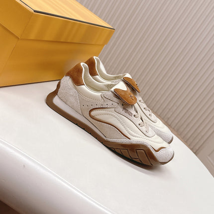 FENDI 25S CORTEZ RETRO SNEAKERS IN CREAM WHITE MIX BROWN LAMBSKIN