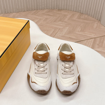 FENDI 25S CORTEZ RETRO SNEAKERS IN CREAM WHITE MIX BROWN LAMBSKIN
