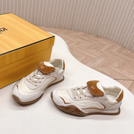 FENDI 25S CORTEZ RETRO SNEAKERS IN CREAM WHITE MIX BROWN LAMBSKIN