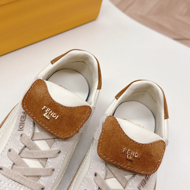 FENDI 25S CORTEZ RETRO SNEAKERS IN CREAM WHITE MIX BROWN LAMBSKIN