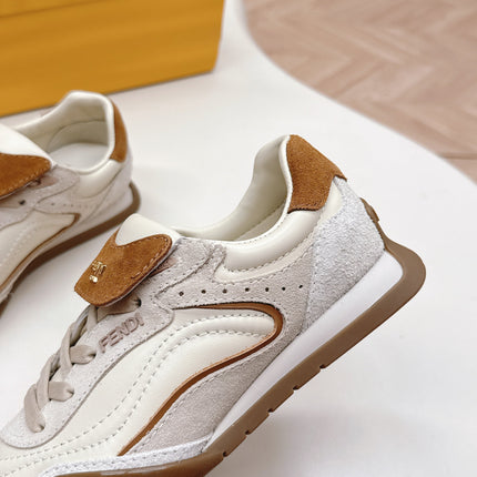 FENDI 25S CORTEZ RETRO SNEAKERS IN CREAM WHITE MIX BROWN LAMBSKIN