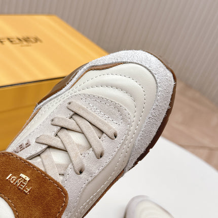 FENDI 25S CORTEZ RETRO SNEAKERS IN CREAM WHITE MIX BROWN LAMBSKIN