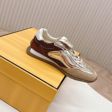 FENDI 25S CORTEZ RETRO SNEAKERS IN SOFT GOLD MIX BROWN LAMBSKIN