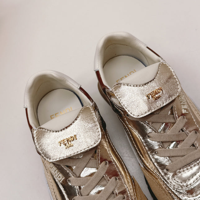 FENDI 25S CORTEZ RETRO SNEAKERS IN SOFT GOLD MIX BROWN LAMBSKIN