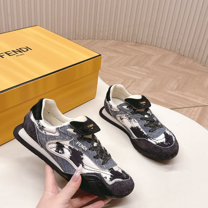 FENDI 25S CORTEZ RETRO SNEAKERS IN DARK CHARCOAL PURPLE SUEDE AND FABRIC