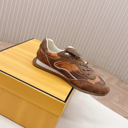 FENDI 25S CORTEZ RETRO SNEAKERS IN BROWN SUEDE AND FABRIC