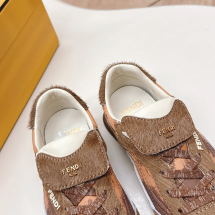 FENDI 25S CORTEZ RETRO SNEAKERS IN BROWN SUEDE AND FABRIC