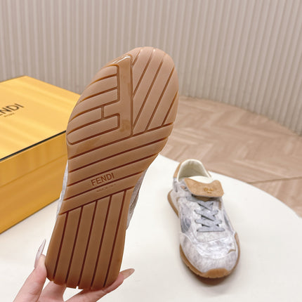 FENDI 25S CORTEZ RETRO SNEAKERS IN BEIGE WHITE SUEDE AND FABRIC