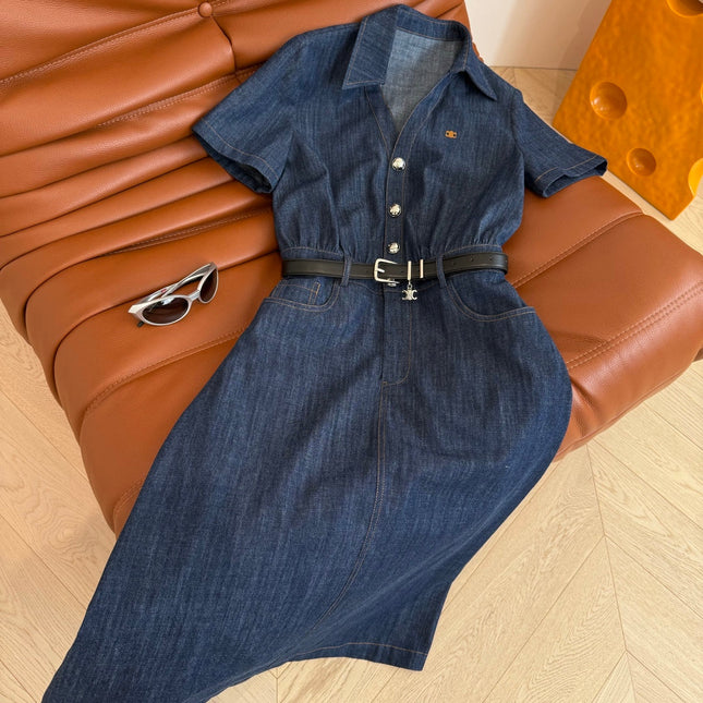 CELINE 25 ARC DE TRIOMPHE LOGO EMBROIDERED DENIM DRESS BLUE COTTON