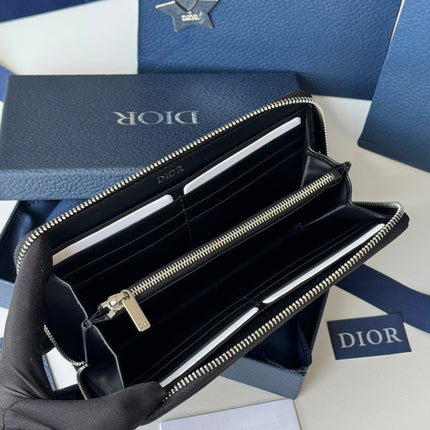 DIOR 25S SADDLE LONG ZIPPED WALLET 19 IN BLACK GRAINED CALFSKIN MARQUETRY