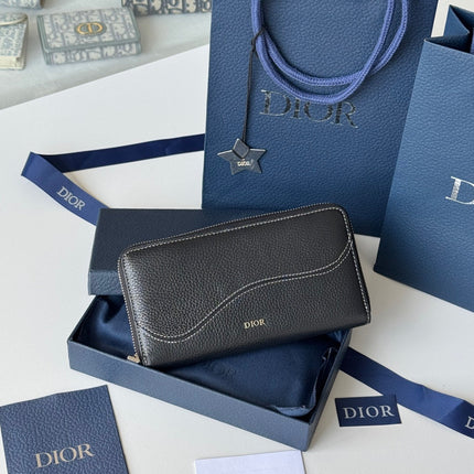 DIOR 25S SADDLE LONG ZIPPED WALLET 19 IN BLACK GRAINED CALFSKIN MARQUETRY