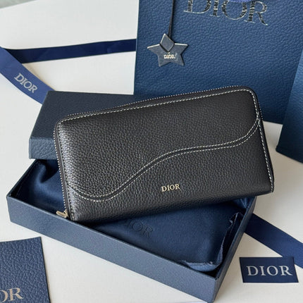 DIOR 25S SADDLE LONG ZIPPED WALLET 19 IN BLACK GRAINED CALFSKIN MARQUETRY