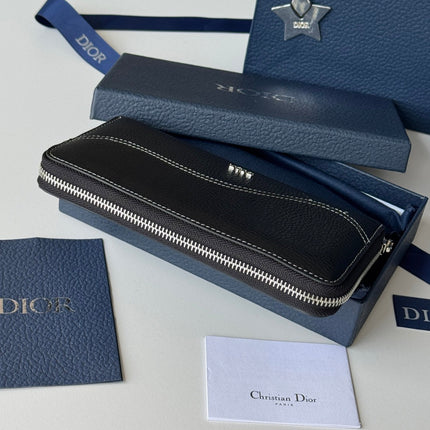 DIOR 25S SADDLE LONG ZIPPED WALLET 19 IN BLACK GRAINED CALFSKIN MARQUETRY