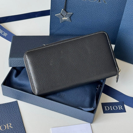 DIOR 25S SADDLE LONG ZIPPED WALLET 19 IN BLACK GRAINED CALFSKIN MARQUETRY