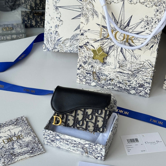 DIOR 25S SADDLE JASMINE GUSSET CARD HOLDER 10 IN BLUE BLACK OBLIQUE JACQUARD CANVAS AND CALFSKIN