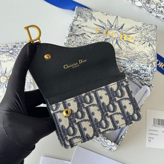 DIOR 25S SADDLE JASMINE GUSSET CARD HOLDER 10 IN BLUE BLACK OBLIQUE JACQUARD CANVAS AND CALFSKIN