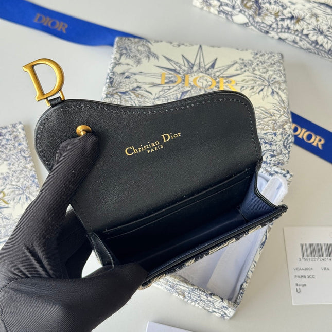 DIOR 25S SADDLE JASMINE GUSSET CARD HOLDER 10 IN BLUE BLACK OBLIQUE JACQUARD CANVAS AND CALFSKIN