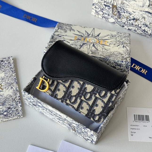 DIOR 25S SADDLE JASMINE GUSSET CARD HOLDER 10 IN BLUE BLACK OBLIQUE JACQUARD CANVAS AND CALFSKIN