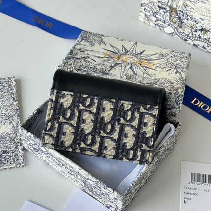 DIOR 25S SADDLE JASMINE GUSSET CARD HOLDER 10 IN BLUE BLACK OBLIQUE JACQUARD CANVAS AND CALFSKIN