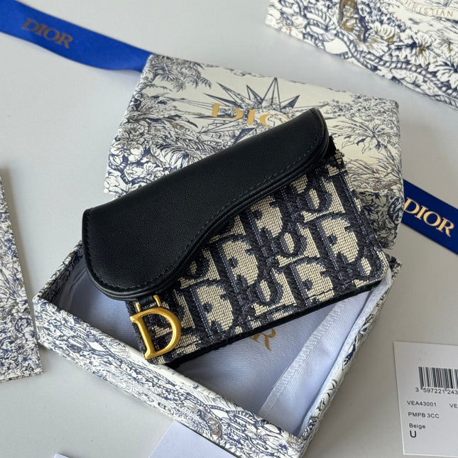 DIOR 25S SADDLE JASMINE GUSSET CARD HOLDER 10 IN BLUE BLACK OBLIQUE JACQUARD CANVAS AND CALFSKIN