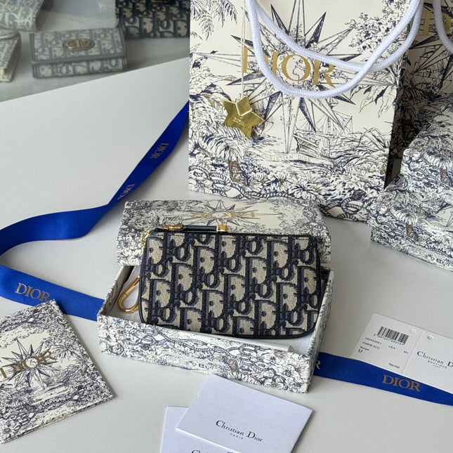 DIOR 25S TRAVEL MYRTE ZIPPED KEY CASE 14 IN DARK BLUE DIOR OBLIQUE JACQUARD CANVAS
