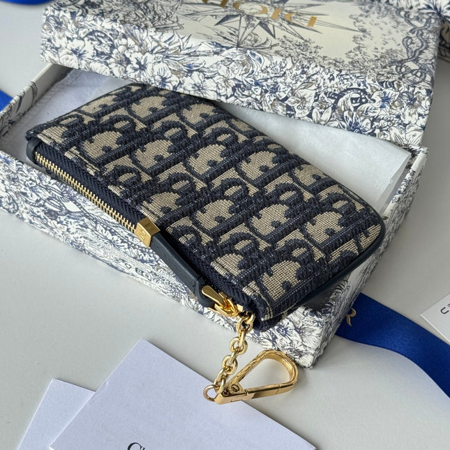DIOR 25S TRAVEL MYRTE ZIPPED KEY CASE 14 IN DARK BLUE DIOR OBLIQUE JACQUARD CANVAS