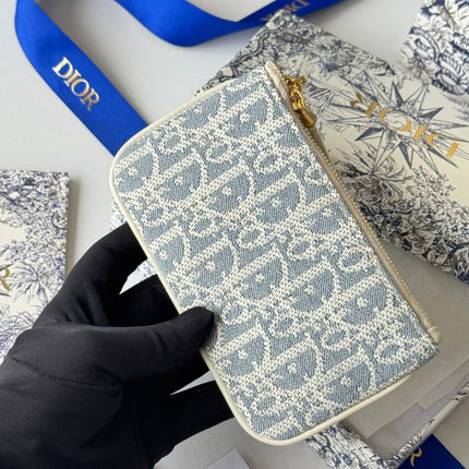 DIOR 25S TRAVEL MYRTE ZIPPED KEY CASE 14 IN BLUE DIOR OBLIQUE JACQUARD CANVAS