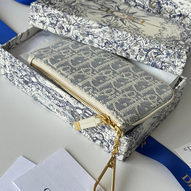 DIOR 25S TRAVEL MYRTE ZIPPED KEY CASE 14 IN BLUE DIOR OBLIQUE JACQUARD CANVAS