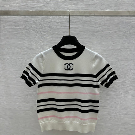 CHANEL SHORT-SLEEVE KNIT TOP STRIPED