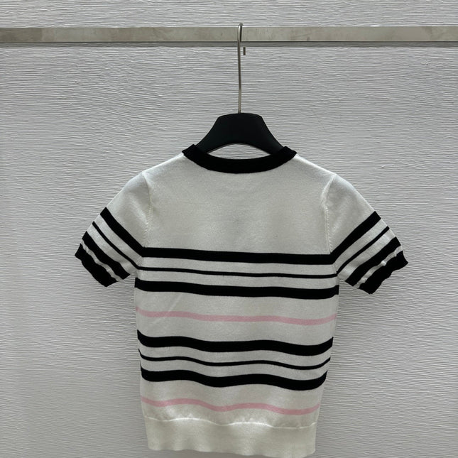 CHANEL SHORT-SLEEVE KNIT TOP STRIPED